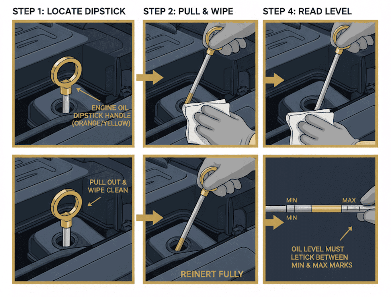 Step-by-step visual guide showing how to check engine oil level using a dipstick: locate, remove, wipe clean, reinsert, and read the oil level between MIN and MAX marks