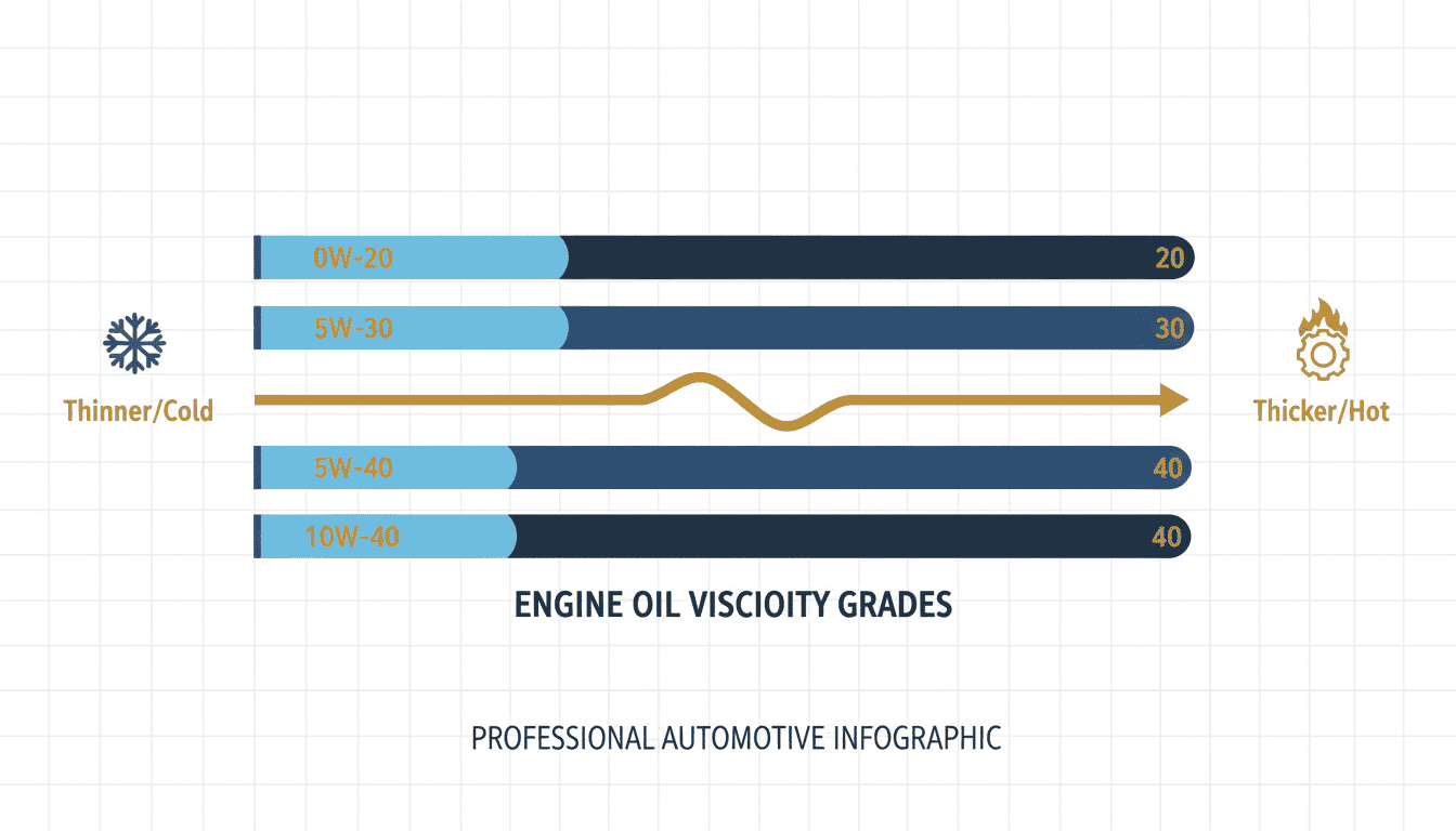 Engine Oil Viscosity Grades: Cold vs Hot Temperature Performance Engine oil viscosity grade comparison chart showing 0W-20, 5W-30, 5W-40 and 10W-40 oils with cold start flow on the left and hot temperature protection on the right