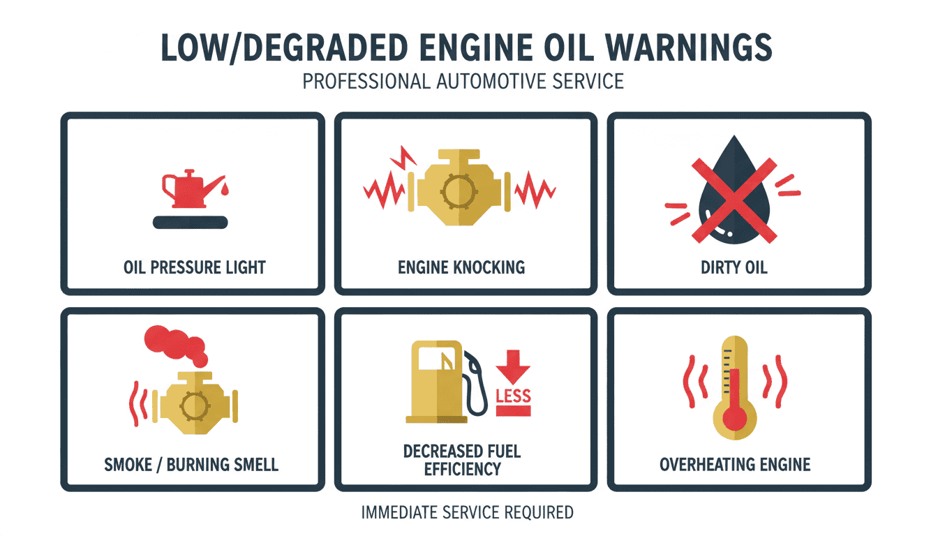 Infographic showing seven warning signs of low or degraded engine oil: oil warning light, engine knocking, dark oil, burning smell, poor fuel economy, overheating, and blue exhaust smoke