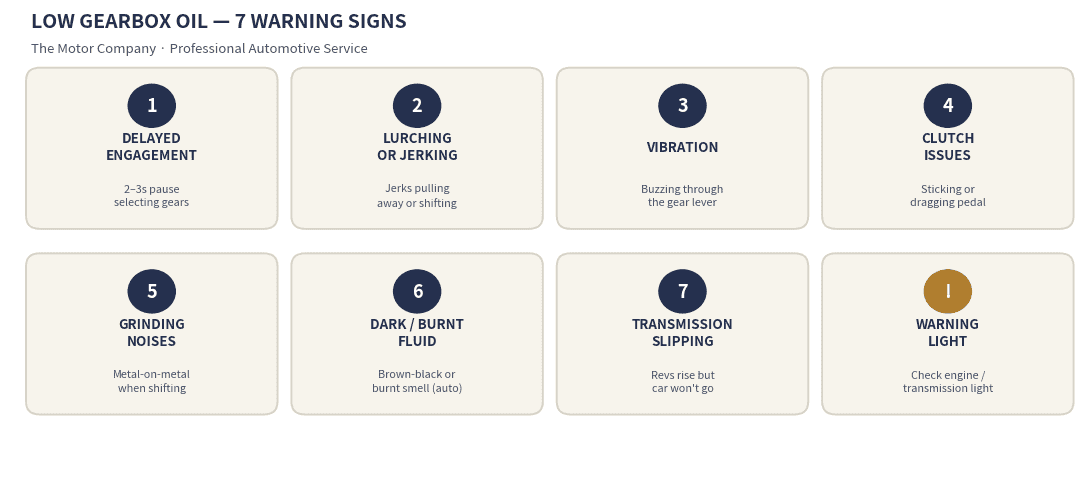 Infographic grid of the seven warning signs of low gearbox oil plus the transmission warning light